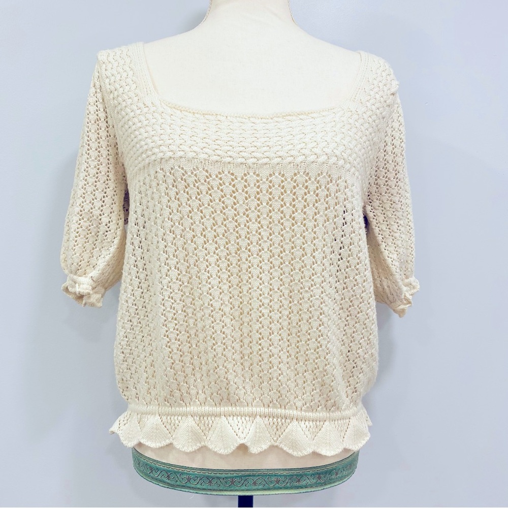saltwater LUXE Cream Knit Square Neck Puff Sleeve Sweater Top - Picture 4 of 16